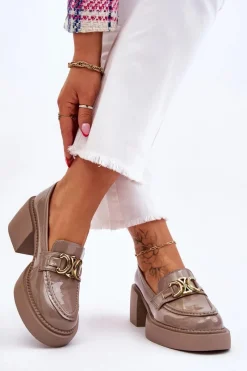 Sale Modne Półbuty Czółenka Na Masywnym Obcasie Beżowe Imani Damskie Mokasyny Damskie Lakierowane|Czółenka Na Słupku