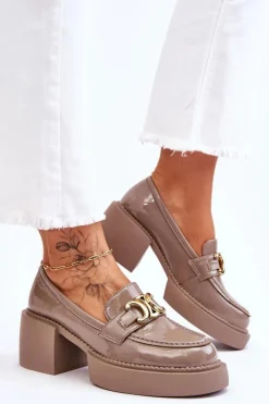 Sale Modne Półbuty Czółenka Na Masywnym Obcasie Beżowe Imani Damskie Mokasyny Damskie Lakierowane|Czółenka Na Słupku