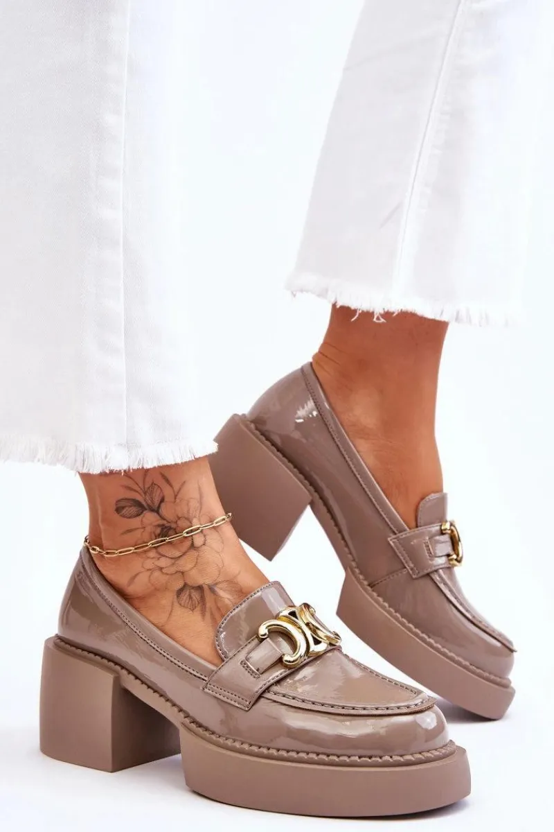 Sale Modne Półbuty Czółenka Na Masywnym Obcasie Beżowe Imani Damskie Mokasyny Damskie Lakierowane|Czółenka Na Słupku