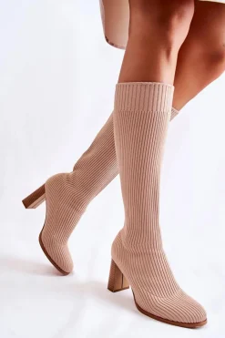 Online Modne Prążkowane Kozaki Na Obcasie Beżowe Carros Damskie Kozaki Wiosenne|Kozaki Przed Kolano