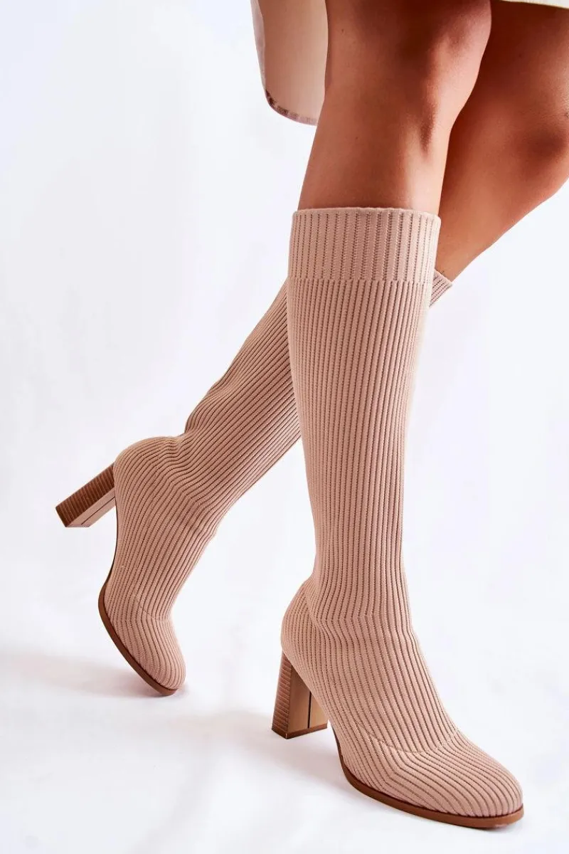 Online Modne Prążkowane Kozaki Na Obcasie Beżowe Carros Damskie Kozaki Wiosenne|Kozaki Przed Kolano