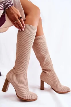 Online Modne Prążkowane Kozaki Na Obcasie Beżowe Carros Damskie Kozaki Wiosenne|Kozaki Przed Kolano