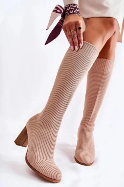 Online Modne Prążkowane Kozaki Na Obcasie Beżowe Carros Damskie Kozaki Wiosenne|Kozaki Przed Kolano