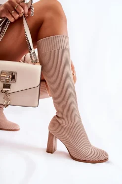 Online Modne Prążkowane Kozaki Na Obcasie Beżowe Carros Damskie Kozaki Wiosenne|Kozaki Przed Kolano