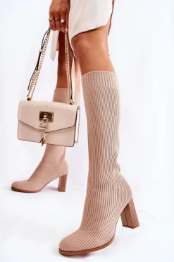 Online Modne Prążkowane Kozaki Na Obcasie Beżowe Carros Damskie Kozaki Wiosenne|Kozaki Przed Kolano