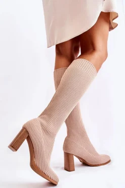 Online Modne Prążkowane Kozaki Na Obcasie Beżowe Carros Damskie Kozaki Wiosenne|Kozaki Przed Kolano