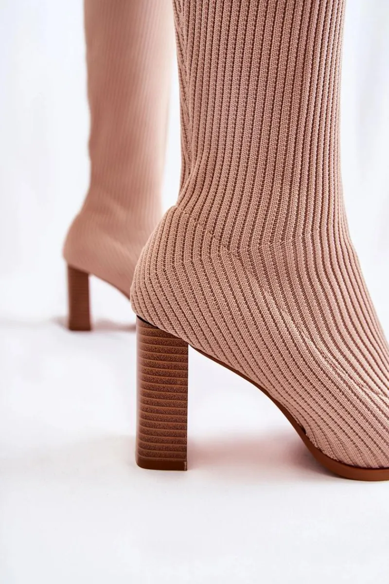 Online Modne Prążkowane Kozaki Na Obcasie Beżowe Carros Damskie Kozaki Wiosenne|Kozaki Przed Kolano