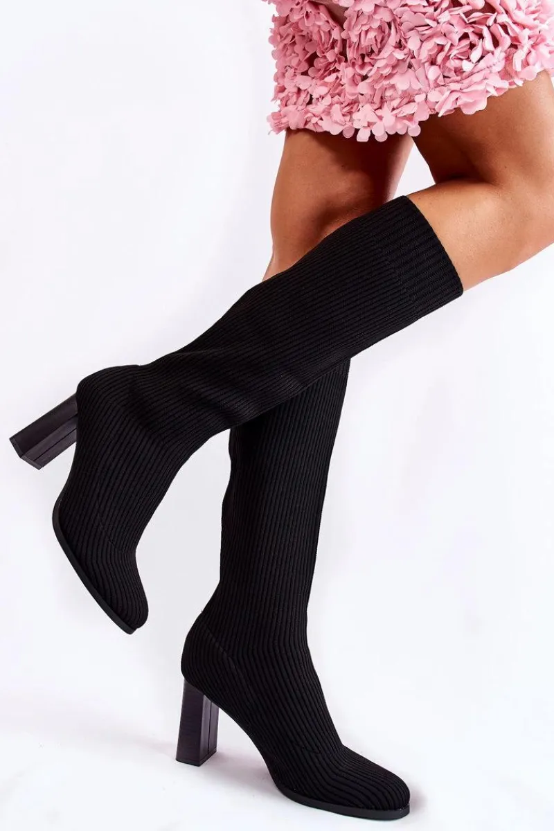 Kozaki Wiosenne|Kozaki Przed Kolano>Boto Modne Prążkowane Kozaki Na Obcasie Czarne Carros