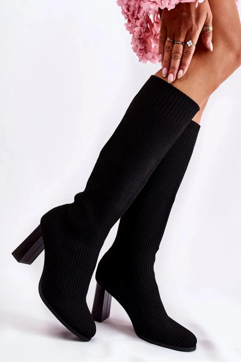 Kozaki Wiosenne|Kozaki Przed Kolano>Boto Modne Prążkowane Kozaki Na Obcasie Czarne Carros