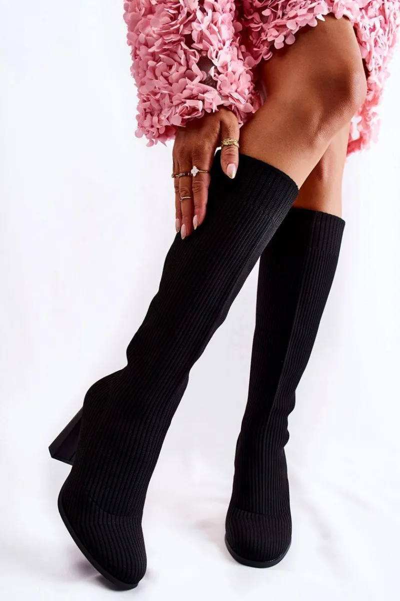 Kozaki Wiosenne|Kozaki Przed Kolano>Boto Modne Prążkowane Kozaki Na Obcasie Czarne Carros