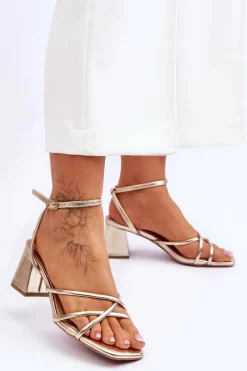 Sale Modne Sandałki Na Obcasie Złote Felisa Damskie Sandały Na Obcasie