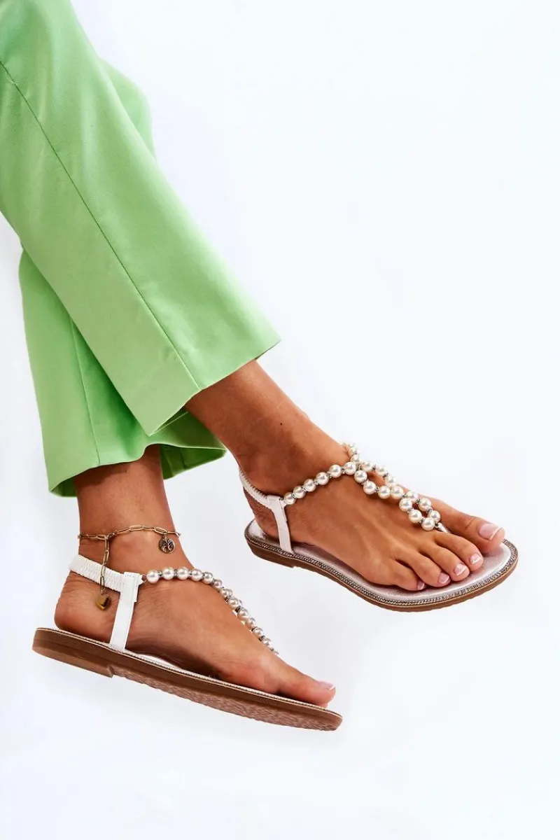 Sandały Płaskie>Boto Modne Sandały Japonki Z Perłami Białe Isalia