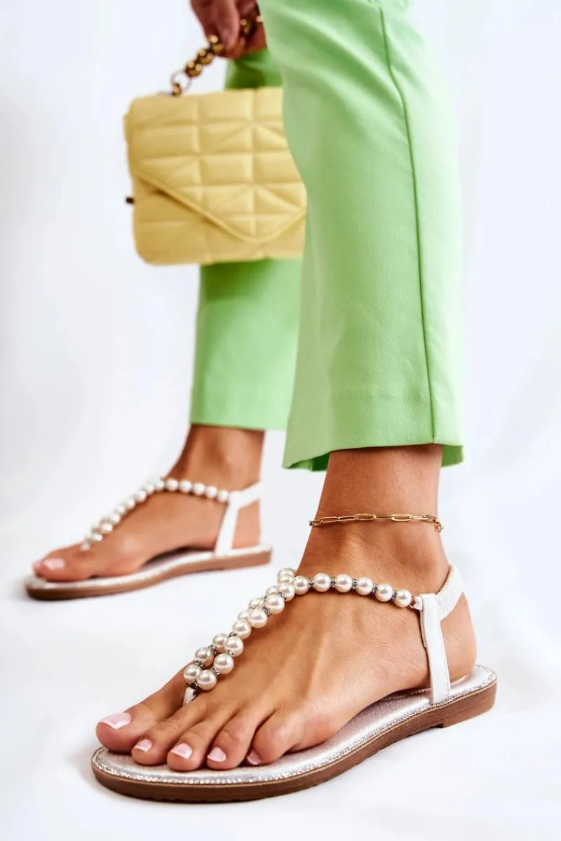 Sandały Płaskie>Boto Modne Sandały Japonki Z Perłami Białe Isalia