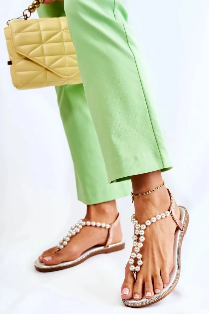 Best Boto Modne Sandały Japonki Z Perłami Różowe Złoto Isalia