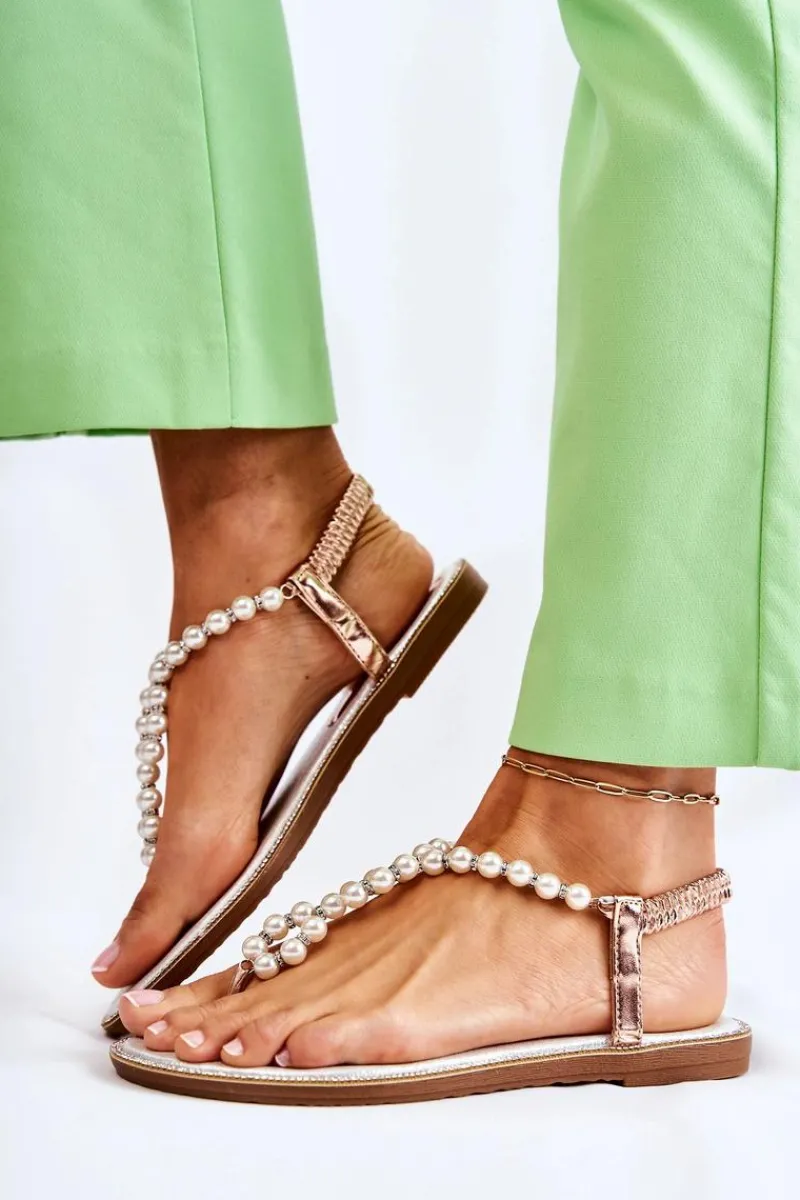 Best Boto Modne Sandały Japonki Z Perłami Różowe Złoto Isalia