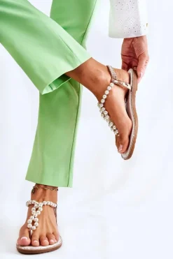 Best Boto Modne Sandały Japonki Z Perłami Różowe Złoto Isalia