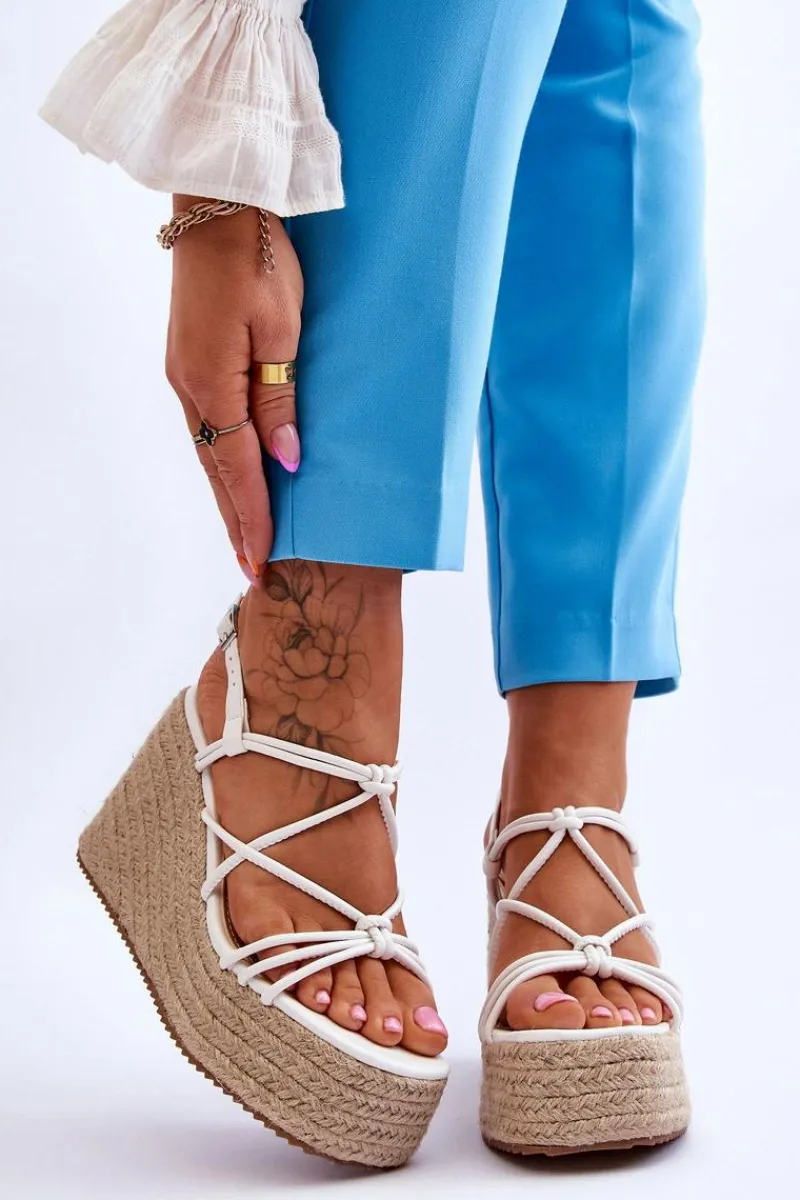New Modne Sandały Na Koturnie Z Plecionką Białe Nessia Damskie Sandały Na Koturnie