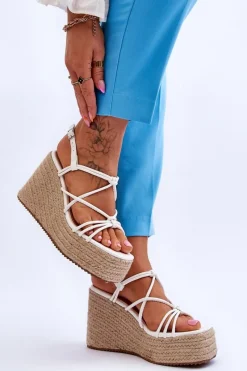 New Modne Sandały Na Koturnie Z Plecionką Białe Nessia Damskie Sandały Na Koturnie