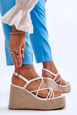 New Modne Sandały Na Koturnie Z Plecionką Białe Nessia Damskie Sandały Na Koturnie