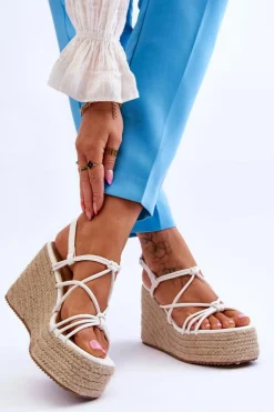 New Modne Sandały Na Koturnie Z Plecionką Białe Nessia Damskie Sandały Na Koturnie