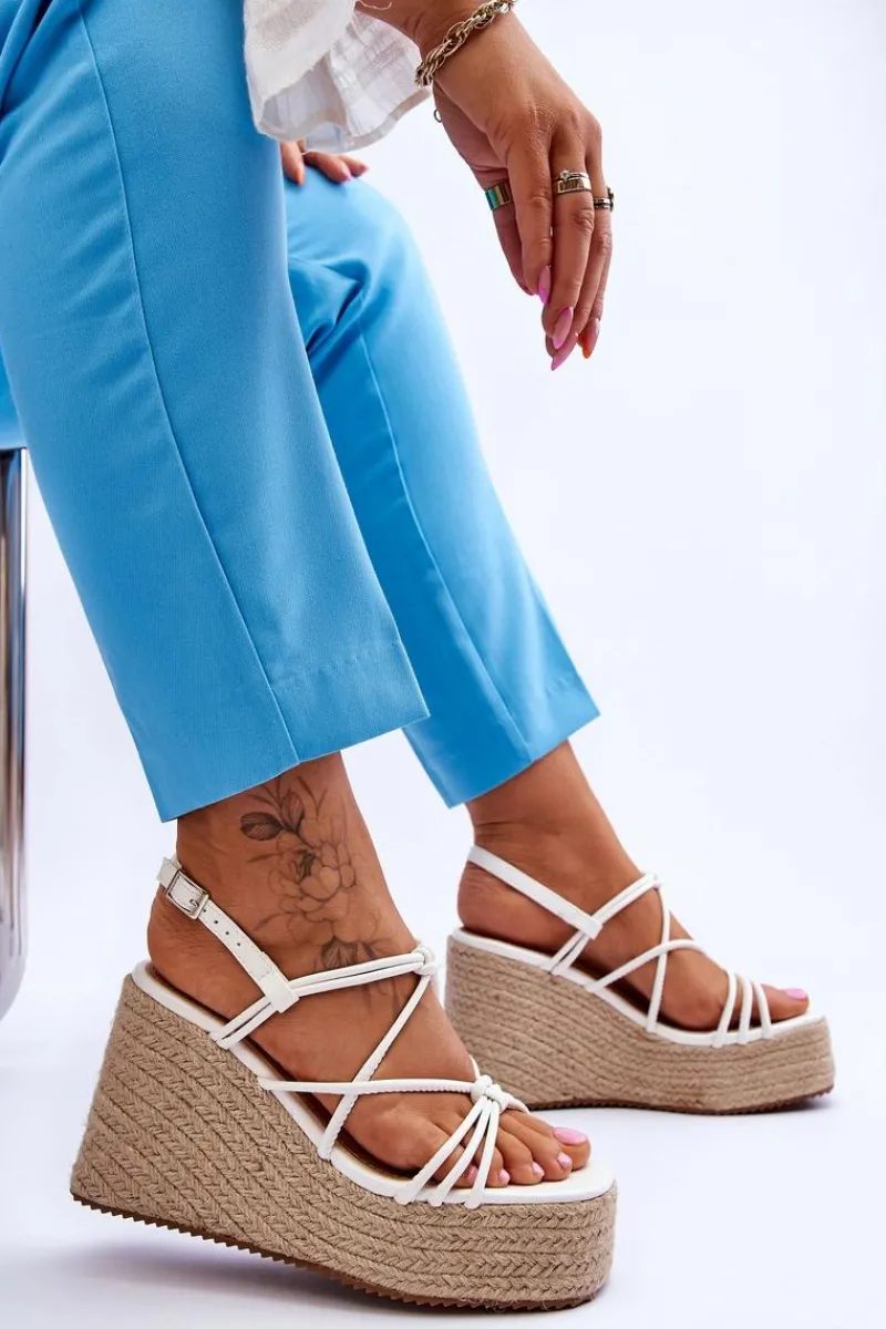 New Modne Sandały Na Koturnie Z Plecionką Białe Nessia Damskie Sandały Na Koturnie