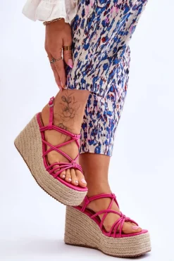 Hot Boto Modne Sandały Na Koturnie Z Plecionką Fuksja Nessia