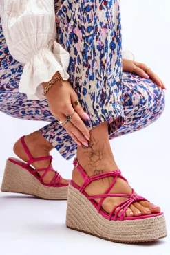 Hot Boto Modne Sandały Na Koturnie Z Plecionką Fuksja Nessia