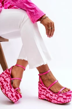 Outlet Modne Sandały Na Koturnie We Wzory Fuksja Claria Damskie Sandały Na Koturnie