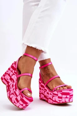 Outlet Modne Sandały Na Koturnie We Wzory Fuksja Claria Damskie Sandały Na Koturnie