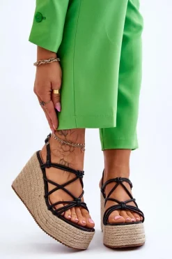 Sale Boto Modne Sandały Na Koturnie Z Plecionką Czarne Nessia