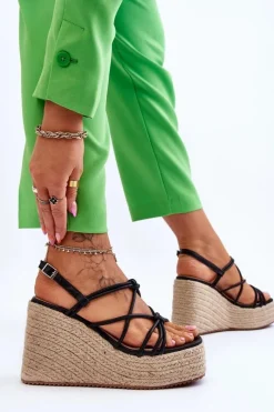 Sale Boto Modne Sandały Na Koturnie Z Plecionką Czarne Nessia