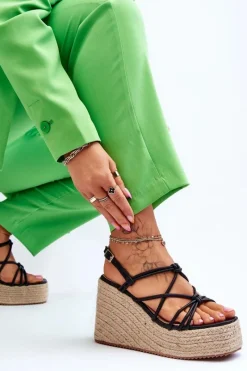 Sale Boto Modne Sandały Na Koturnie Z Plecionką Czarne Nessia