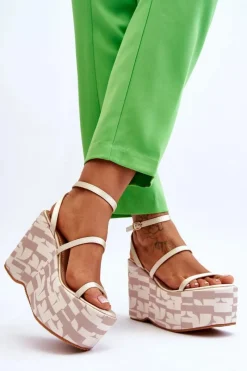 Best Modne Sandały Na Koturnie We Wzory Beżowe Claria Damskie Sandały Na Koturnie