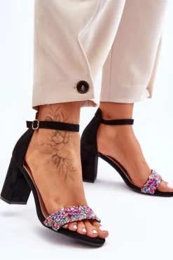 Sandały Na Obcasie>Boto Modne Sandały Na Obcasie Z Ozdobnymi Kamieniami Czarne Love Me