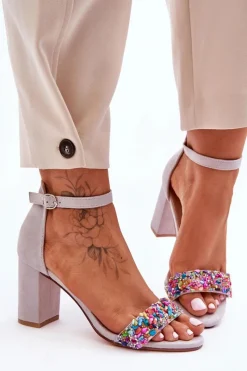 Sale Boto Modne Sandały Na Obcasie Z Ozdobnymi Kamieniami Szare Love Me