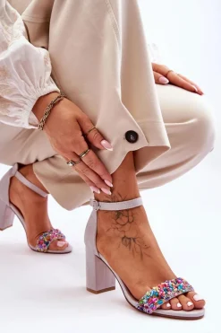 Sale Boto Modne Sandały Na Obcasie Z Ozdobnymi Kamieniami Szare Love Me