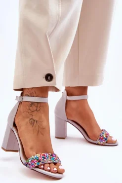 Sale Boto Modne Sandały Na Obcasie Z Ozdobnymi Kamieniami Szare Love Me