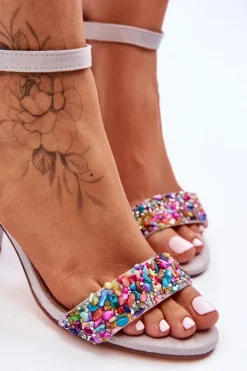 Sale Boto Modne Sandały Na Obcasie Z Ozdobnymi Kamieniami Szare Love Me