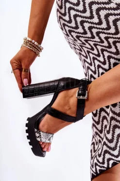 Sandały Na Obcasie>Boto Modne Sandały Na Słupku Z Paskiem Wężowe Czarno-Białe Rammis