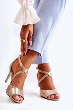 Clearance Modne Sandały Na Szpilce Błyszczące Złote Loressa Damskie Sandały Na Obcasie