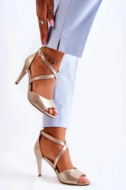 Clearance Modne Sandały Na Szpilce Błyszczące Złote Loressa Damskie Sandały Na Obcasie