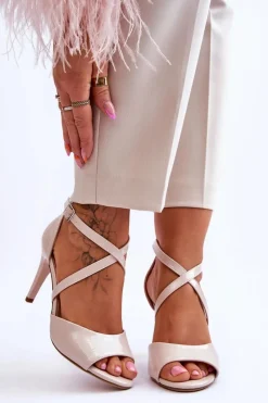 Sale Modne Sandały Na Szpilce Lakierowane Beżowe Loressa Damskie Sandały Na Obcasie