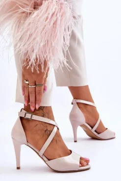 Sale Modne Sandały Na Szpilce Lakierowane Beżowe Loressa Damskie Sandały Na Obcasie