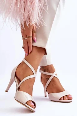 Sale Modne Sandały Na Szpilce Lakierowane Beżowe Loressa Damskie Sandały Na Obcasie