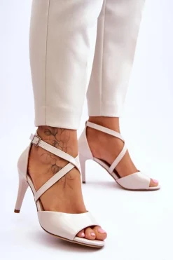 Sale Modne Sandały Na Szpilce Lakierowane Beżowe Loressa Damskie Sandały Na Obcasie