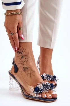 Discount Modne Sandały Z Koralikami Granatowe Terrance Damskie Sandały Na Obcasie