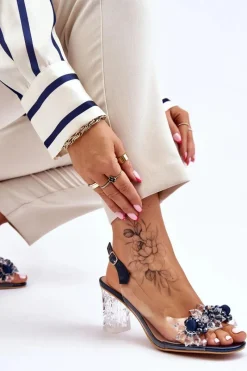 Discount Modne Sandały Z Koralikami Granatowe Terrance Damskie Sandały Na Obcasie