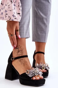 Sandały Na Obcasie>Boto Modne Sandały Z Kryształami Na Masywnym Obcasie Czarne Garrett