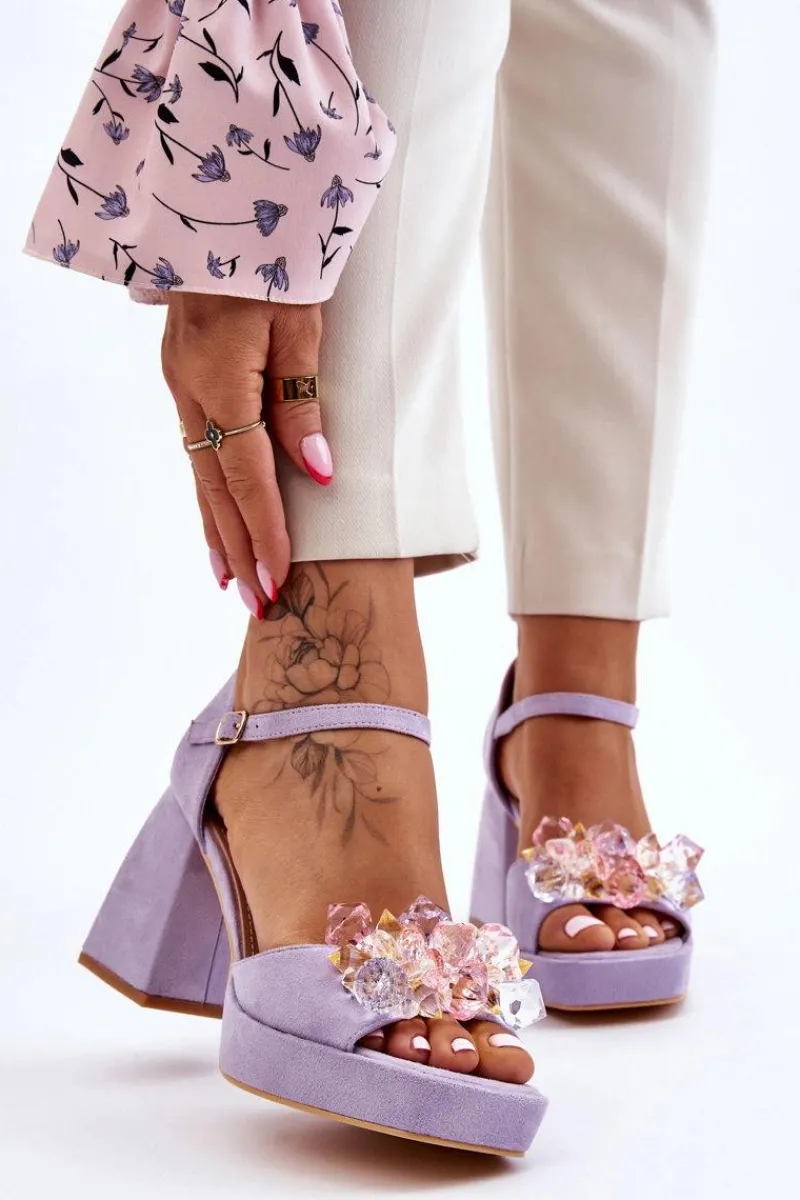 Boto Modne Sandały Z Kryształami Na Masywnym Obcasie Fioletowe Garrett