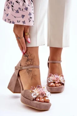 Sandały Na Obcasie>Boto Modne Sandały Z Kryształami Na Masywnym Obcasie Ciemnobeżowe Garrett